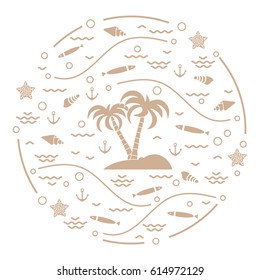 Cute vector illustration with fish, island with palm trees, anchor, waves, seashells, starfish,  arranged in a circle. Design for banner, poster or print.