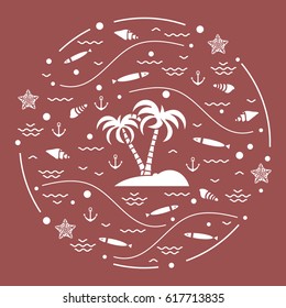 Cute vector illustration with fish, island with palm trees, anchor, waves, seashells, starfish,  arranged in a circle. Design for banner, poster or print.