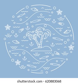 Cute vector illustration with fish, island with palm trees, anchor, waves, seashells, starfish,  arranged in a circle. Design for banner, poster or print.