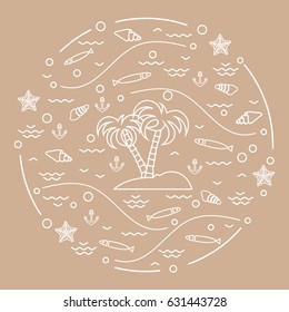 Cute vector illustration with fish, island with palm trees, anchor, waves, seashells, starfish,  arranged in a circle. Design for banner, poster or print.