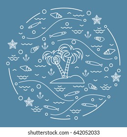 Cute vector illustration with fish, island with palm trees, anchor, waves, seashells, starfish,  arranged in a circle. Design for banner, poster or print.