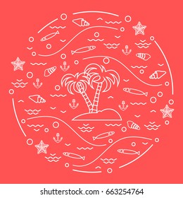 Cute vector illustration with fish, island with palm trees, anchor, waves, seashells, starfish,  arranged in a circle. Design for banner, poster or print.