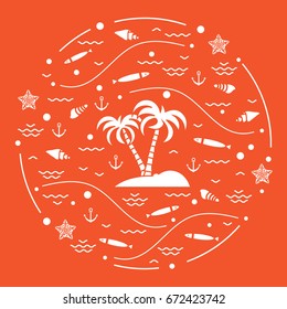 Cute vector illustration with fish, island with palm trees, anchor, waves, seashells, starfish,  arranged in a circle. Design for banner, poster or print.