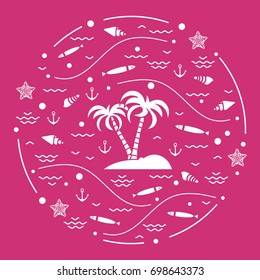 Cute vector illustration with fish, island with palm trees, anchor, waves, seashells, starfish,  arranged in a circle. Design for banner, poster or print.