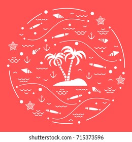 Cute vector illustration with fish, island with palm trees, anchor, waves, seashells, starfish,  arranged in a circle. Design for banner, poster or print.