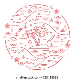 Cute vector illustration with fish, island with palm trees, anchor, waves, seashells, starfish,  arranged in a circle. Design for banner, poster or print.