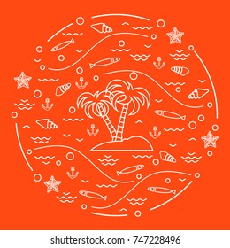 Cute vector illustration with fish, island with palm trees, anchor, waves, seashells, starfish,  arranged in a circle. Design for banner, poster or print.