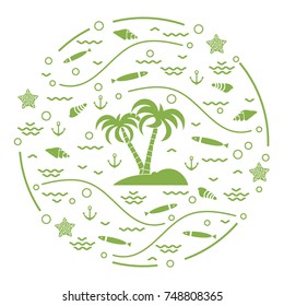 Cute vector illustration with fish, island with palm trees, anchor, waves, seashells, starfish,  arranged in a circle. Design for banner, poster or print.
