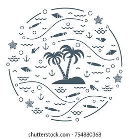 Cute vector illustration with fish, island with palm trees, anchor, waves, seashells, starfish,  arranged in a circle. Design for banner, poster or print.