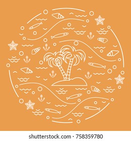 Cute vector illustration with fish, island with palm trees, anchor, waves, seashells, starfish,  arranged in a circle. Design for banner, poster or print.