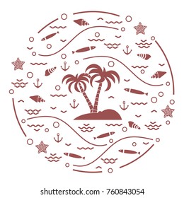 Cute vector illustration with fish, island with palm trees, anchor, waves, seashells, starfish,  arranged in a circle. Design for banner, poster or print.