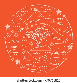 Cute vector illustration with fish, island with palm trees, anchor, waves, seashells, starfish,  arranged in a circle. Design for banner, poster or print.
