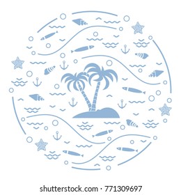 Cute vector illustration with fish, island with palm trees, anchor, waves, seashells, starfish,  arranged in a circle. Design for banner, poster or print.