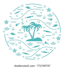 Cute vector illustration with fish, island with palm trees, anchor, waves, seashells, starfish,  arranged in a circle. Design for banner, poster or print.