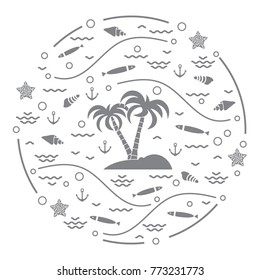Cute vector illustration with fish, island with palm trees, anchor, waves, seashells, starfish,  arranged in a circle. Design for banner, poster or print.