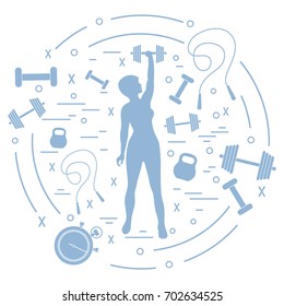 Cute vector illustration of fitness athletic woman holds kettlebell, dumbbell, stopwatch, skipping rope. Training female body. Design for banner, poster or print.