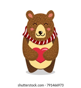 Cute vector illustration. Flat bear with heart. Can be used for Valentines postcard, celebration postcard, invitation, scrapbooking.