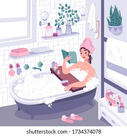 Cute vector illustration in flat cartoon style with girl taking bath and reading book. Concept of personal care, time for yourself. Cozy bathroom interior with household items, cosmetics, washcloths.