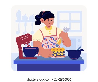 Cute vector illustration flat design of woman happy cooking tart cake home made birthday cake