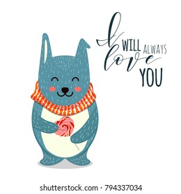 Cute vector illustration. Flat rabbit with heart. Can be used for Valentines postcard, celebration postcard, invitation, scrapbooking.