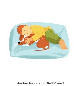 Cute vector illustration in flat style. Pets. A child sleeps while hugging a dog. Boy and dog are best friends.