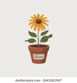 A cute vector illustration of a flower growing in a small pot, featuring simple shapes, bright colors, and clean black outlines. 