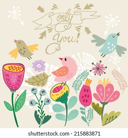 Cute vector illustration of flowers and birds.