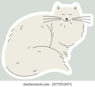 Cute vector illustration of fluffy cat sticker. Persian white fur kitty character icon. Domestic kitty