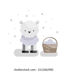 Cute Vector Illustration With Fluffy Sheep And Wool Basket.