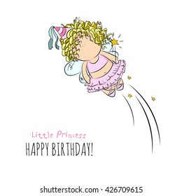 cute vector illustration of flying fairy with magic stick. doodle. happy birthday card. romantic  style. invitation card template. isolated. white background. for girl