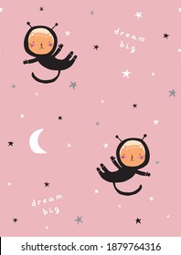 Cute Vector Illustration with Flying Space Kitty. Starry Pink Sky.Seamless Pattern with Funny Astronaut Cat Isolated on a Dusty Pink Background.Space Party Printable Decoration ideal for Card, Fabric.