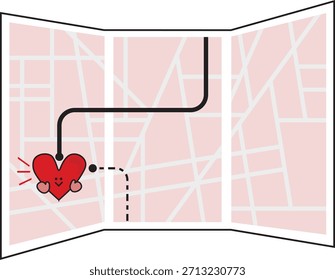 Cute vector illustration of a folded city map featuring a playful navigation route leading to a smiling red heart character.