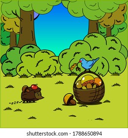 Cute vector illustration with forest animals hedgehog bird