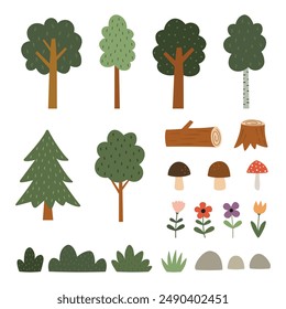 Linda Ilustración vectorial de Elementos forestales. Diseño plano de estilo escandinavo.