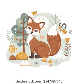Cute vector illustration of a fox in a forest with butterflies, mushrooms and flowers lit by the moon. Autumn green, gold yellow and blue.
