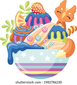 Cute vector illustration of a fox in a plate of ice cream with strawberries and orange.