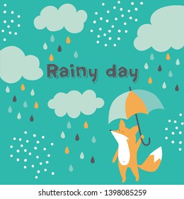 Cute vector illustration with fox and umbrella, clouds and rain drops. For kids design, card, poster, wear, pijamas