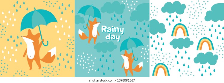 Cute vector illustration with fox and umbrella, clouds and rain drops. Text: Rainy day. For kids design, card, poster, wear, pijamas