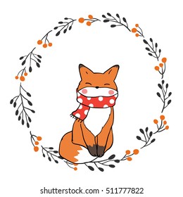 Cute vector illustration with fox and wreaths in autumn.