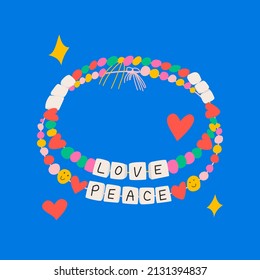 Cute vector illustration of friendship beads bracelets, stars and hearts. Love and Peace words. 