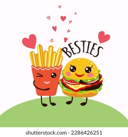 Cute vector illustration fry potato and burger, love card, apparel print, menu