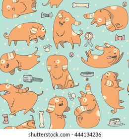 Cute vector illustration with fun puppies in seamless pattern. Pastel colors, blue and orange, different poses, various accessories. Kind illustration good for print, fabric, kids wallpaper, pet shop