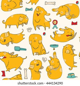 Cute vector illustration with fun puppies in seamless pattern. Bright colors, different poses, various accessories. Kind illustration good for print, fabric, kids wallpaper, pet shop, wrapping paper