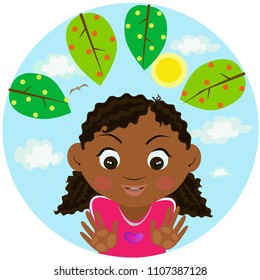 Cute vector illustration of  funny black girl looking away, posing against sunny day and green leaves. 