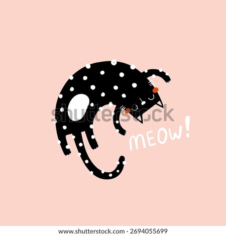 Cute vector illustration of funny black cat and meow text