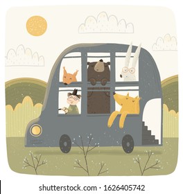 Cute vector illustration of a funny bus with animals on nature. The veterinarian carries characters: fox, hare, bear and squirrel. Child's drawing for postcard, card or background.
 
