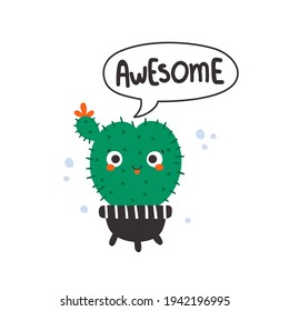 linda ilustración vectorial de un cactus gracioso en texto con letras en olla y mano