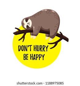 Cute vector illustration. Funny cartoon sloth hanging on a branch