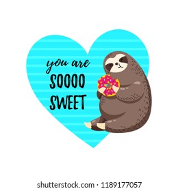 Cute vector illustration. Funny cartoon sloth eating a donut.