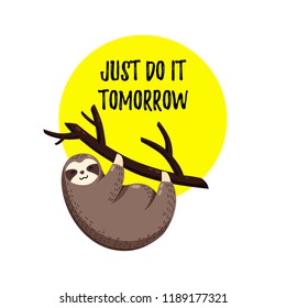 Cute vector illustration. Funny cartoon sloth hanging on a branch